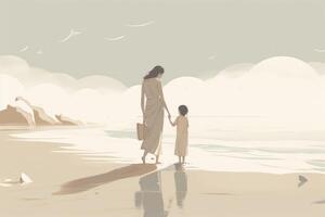 Mother's Day illustration with a minimalist style that showcases a mother and child enjoying a peaceful day at the beach. Soft, muted tones. photo
