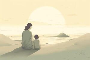 Mother's Day illustration with a minimalist style that showcases a mother and child enjoying a peaceful day at the beach. Soft, muted tones. photo