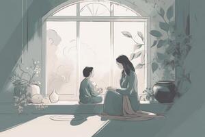 Minimalist Mother's Day illustration that depicts a mother and child in a peaceful indoor setting. Soft, muted tones. photo