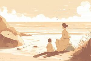 Mother's Day illustration with a minimalist style that showcases a mother and child enjoying a peaceful day at the beach. Soft, muted tones. photo