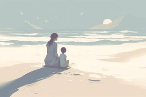 Mother's Day illustration with a minimalist style that showcases a mother and child enjoying a peaceful day at the beach. Soft, muted tones. photo