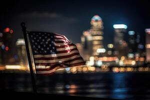 Photo of american flag in front of bokeh effect of cityscape in background.