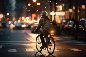 Photo of a person riding a bike in the city crowd under the lights at night in the city, and among the crowds of people. .