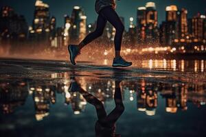 Photo of an athlete jogging in front of bokeh lights at night in the city.