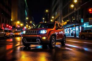 Photo of night city lights and traffic speeding by cars. Bokeh effect background.