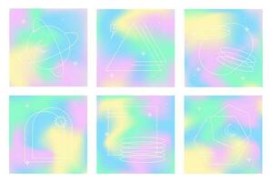 Vector set of mesh gradient backgrounds in soft pastel colors. Copy space for text. Abstract fluid illustrations in y2k aesthetic. Modern templates for banners, branding design, social media, covers.