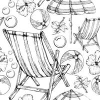 Hand drawn vector ink beach chair and umbrella, hibiscus flowers, bubbles Seamless pattern. Isolated on white background. Design wall art, wedding, print, fabric, cover, card, tourism, travel booklet.