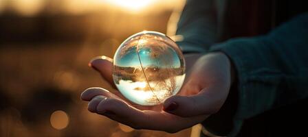 Earth globe in hands on the background of bright sun. photo