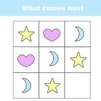 What comes next educational children game. Kids activity sheet, training logic, continue the row task vector