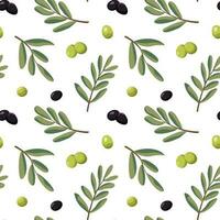 Vector seamless pattern with ripe black and green olives. Isolated on white background. Design for wrapping paper, wallpaper, backdrop.