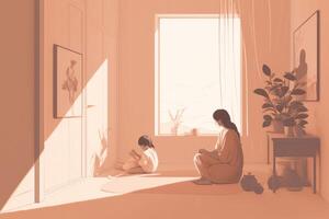 Minimalist Mother's Day illustration that depicts a mother and child in a peaceful indoor setting. Soft, muted tones. photo