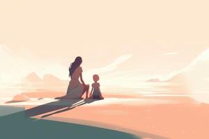 Mother's Day illustration with a minimalist style that showcases a mother and child enjoying a peaceful day at the beach. Soft, muted tones. photo