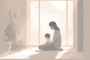 Minimalist Mother's Day illustration that depicts a mother and child in a peaceful indoor setting. Soft, muted tones. photo