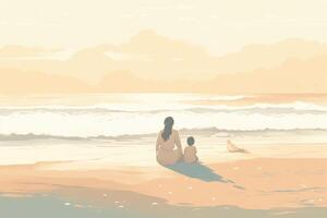 Mother's Day illustration with a minimalist style that showcases a mother and child enjoying a peaceful day at the beach. Soft, muted tones. photo