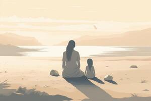 de la madre día ilustración con un minimalista estilo ese vitrinas un madre y niño disfrutando un pacífico día a el playa. suave, apagado tonos generativo ai foto