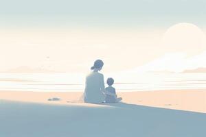 Mother's Day illustration with a minimalist style that showcases a mother and child enjoying a peaceful day at the beach. Soft, muted tones. photo