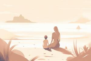 Mother's Day illustration with a minimalist style that showcases a mother and child enjoying a peaceful day at the beach. Soft, muted tones. photo