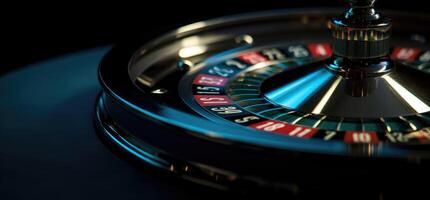 Roulette wheel with blue background and lights, casino photo. photo