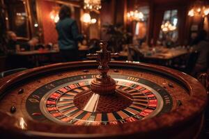 Roulette wheel, in the middle of the table on the casino table. photo