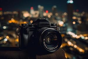 Dslr camera in the front with bokeh effect of the cityscape in the background. photo