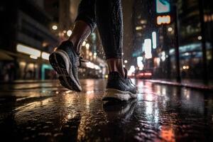 Photo of an athlete jogging in front of bokeh lights at night in the city.