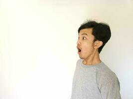 Shocked and surprised face of Asian man in isolated on white background photo