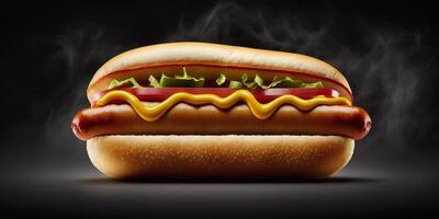 The delicious hotdog in the black background with . photo