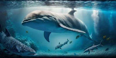 The dolphin is swimming in the underwater sea with . photo