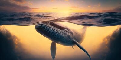 The whale is swimming in the underwater sea with AI generated. photo
