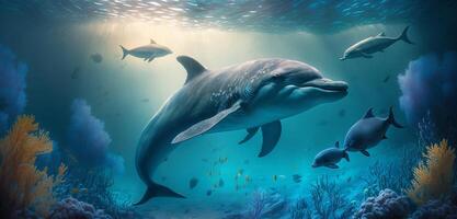 The dolphin is swimming in the underwater sea with . photo