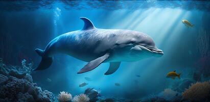 The dolphin is swimming in the underwater sea with . photo