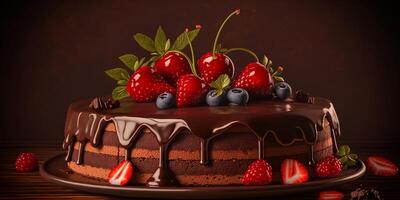 The chocolate cake and strawberry topping with . photo