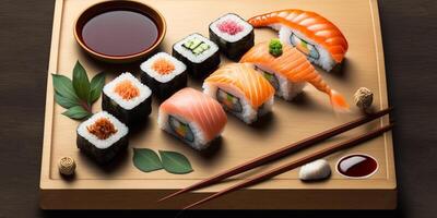 el japonés Sushi conjunto en el madera plato con ai generado. foto