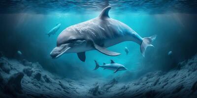 The dolphin is swimming in the underwater sea with . photo