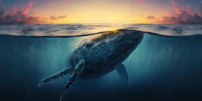 The whale is swimming in the underwater sea with . photo