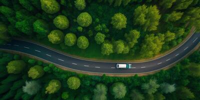 el aéreo parte superior ver de la carretera entre el bosque con ai generado. foto