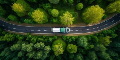 The aerial top view of road among the forest with . photo