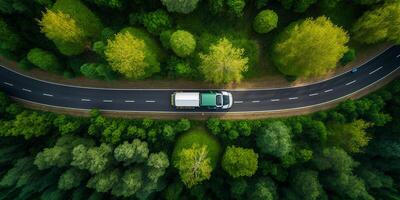 el aéreo parte superior ver de la carretera entre el bosque con ai generado. foto