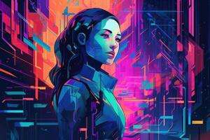 Abstract and retro futuristic robot woman illustration with multiple color laser neon effect. photo