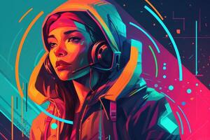 Abstract and retro futuristic robot woman illustration with multiple color laser neon effect. photo
