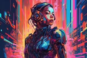 Abstract and retro futuristic robot woman illustration with multiple color laser neon effect. photo