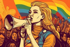 Illustration of lgbtq members protest for Pride month with photo