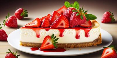 The strawberry cheesecake on the white dish with . photo