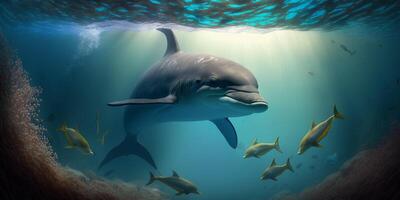 The dolphin is swimming in the underwater sea with . photo