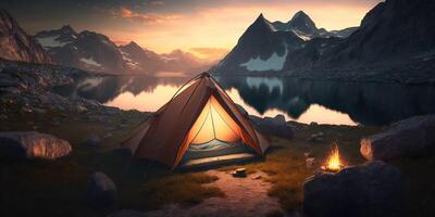 The tourist camping tent is on mountains at sunset time with . photo