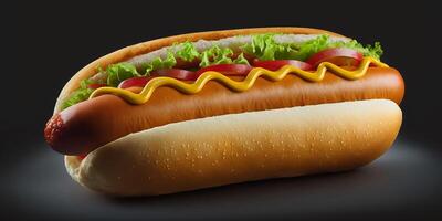 The delicious hotdog in the black background with . photo