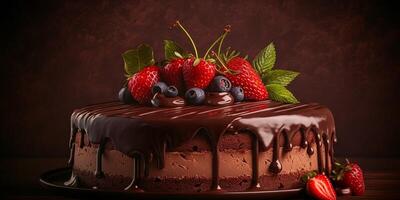 The chocolate cake and strawberry topping with . photo