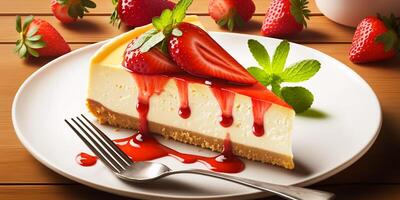 The strawberry cheesecake on the white dish with . photo