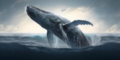 The whale is jumping from the sea with AI generated. photo