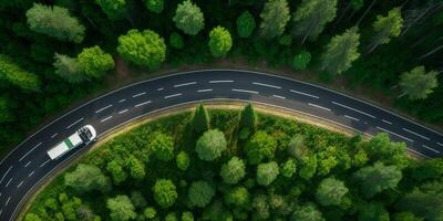 The aerial top view of road among the forest with . photo